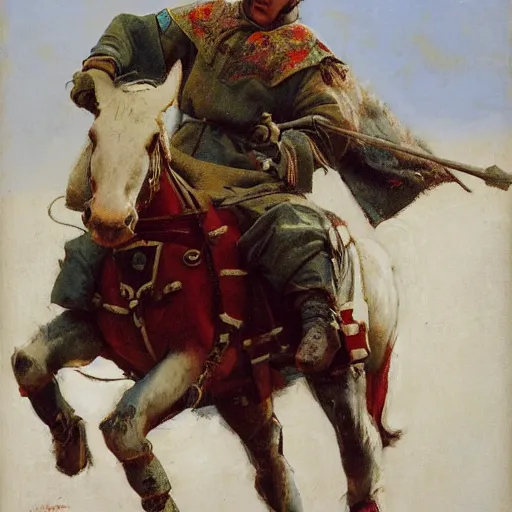 Image similar to portrait of man wearing chinmail and gambeson over colorful cloth on horseback, holding jousting lance, horse is wearing caparisons, medieval by greg manchess, bernie fuchs, walter everett, lost edges