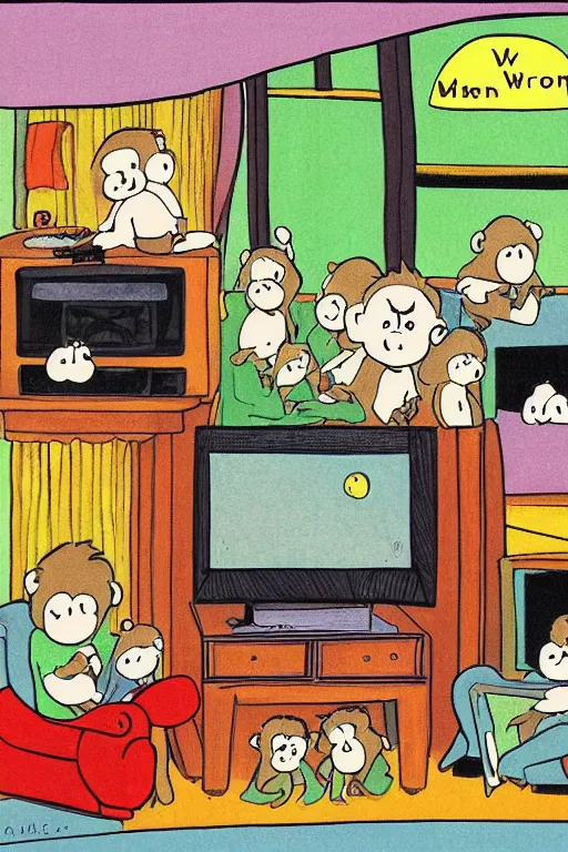 Prompt: an illustration of monkeys watching tv in the style of goodnight moon by margaret wise brown