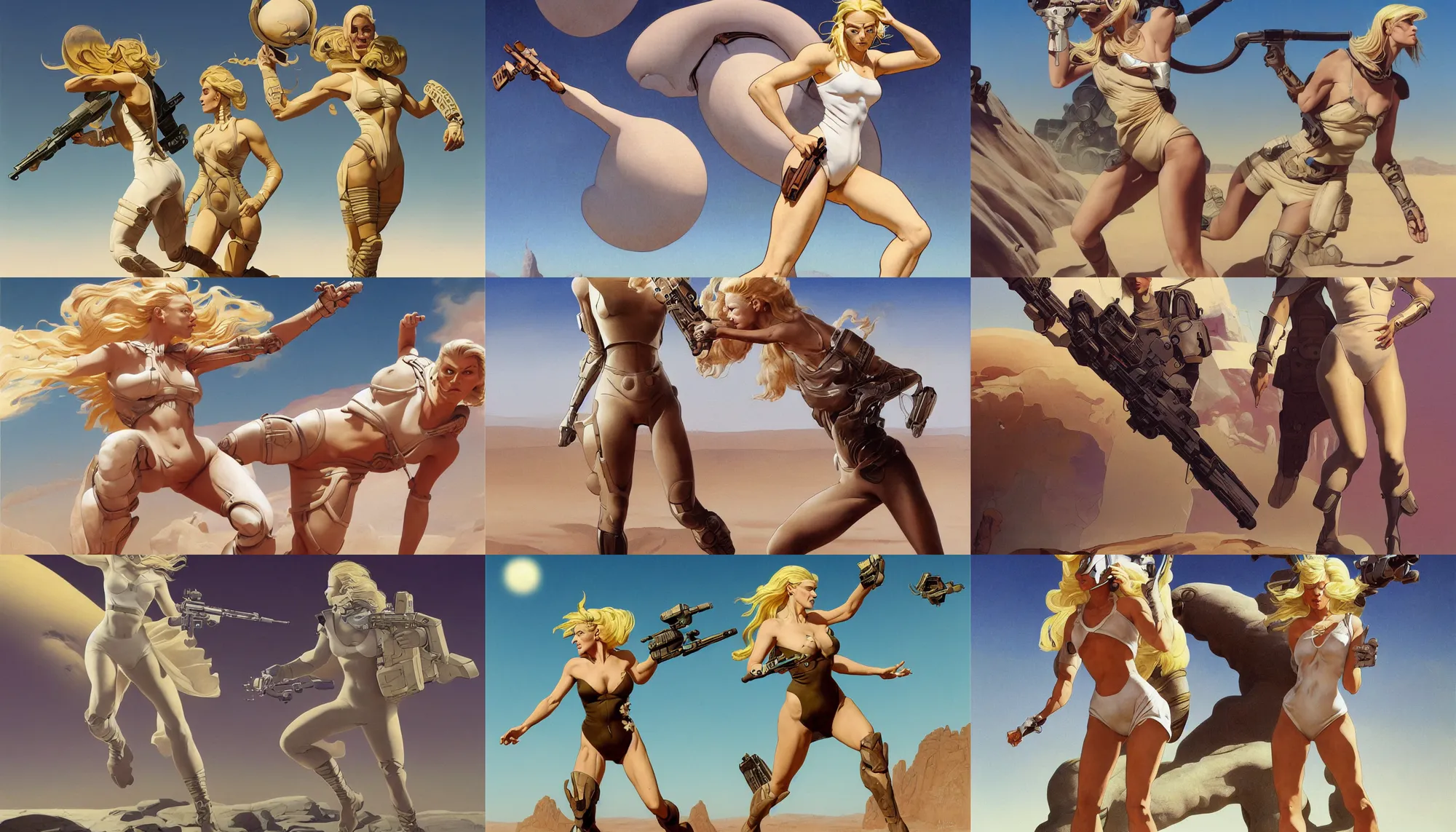 Prompt: A mixed media portrait painting of a beautiful blonde woman running on a desert alien planet, soldier, very curvy, aesthetic! white style one-piece-bikini-armor and boots, aesthetic symmetrical face and eyes, Scandinavian, by Boris Vallejo, Beeple, Frank Frazetta, Greg Rutkowski, Christian MacNevin, Alphonse Mucha, epic fantasy character art, high fantasy, CGsociety, 60's Sci-fi Pinup style, exquisite detail, post-processing, masterpiece, cinematic