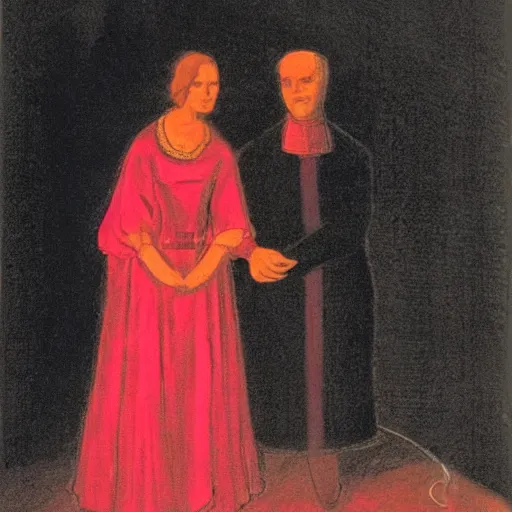 Prompt: A man stands in a black room with one source of light from a lantern it is pink, a woman stands in the dark in a red dress with a slit on her leg, Francis style