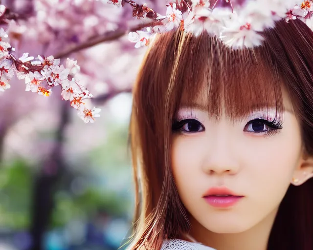 Prompt: close up portrait of an japanese gyaru with beautiful face and modern clothes, sakura blooming in the background, bokeh, depth of field, dramatic lighting, cinematic, vivid colors, matte painting, vivid color scheme, trending on pixiv