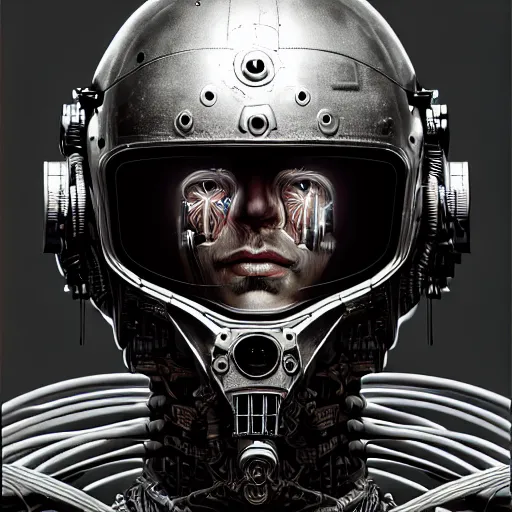 Image similar to ultra realistic, intricate detailed, painting of a single rugged cyborg male in helmet, helmet in form of star, bearded face, cyborg tech on body, symmetry accurate features, cyberpunk, industrial, very intricate details, focus, high resolution, 4 k, artstyle h. r. giger and hiraku tanaka