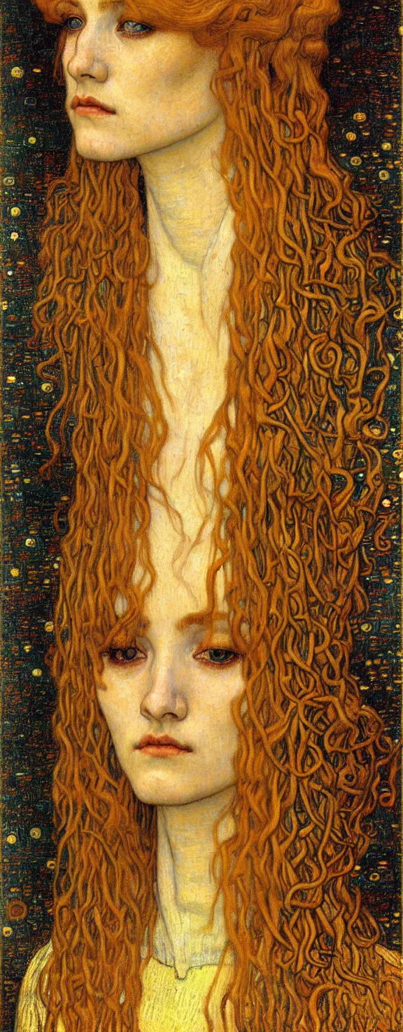 Image similar to detailed realistic beautiful young medieval queen face portrait by jean delville, gustav klimt and vincent van gogh, art nouveau, symbolist, visionary, gothic, pre - raphaelite, muted earthy colors, desaturated