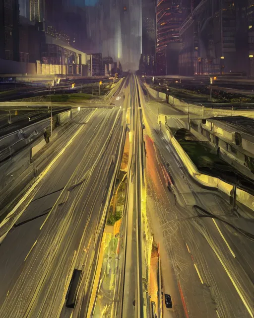 Prompt: freeway at night, light from traffic in the city beyond, unreal engine, hyperrealism, realistic shading, cinematic composition, realistic render, octane render, detailed textures, by liam wong and makoto shinkaismoothed : symmetrical fractal pattern, collection of cells, artwork for creative design, art and entertainment