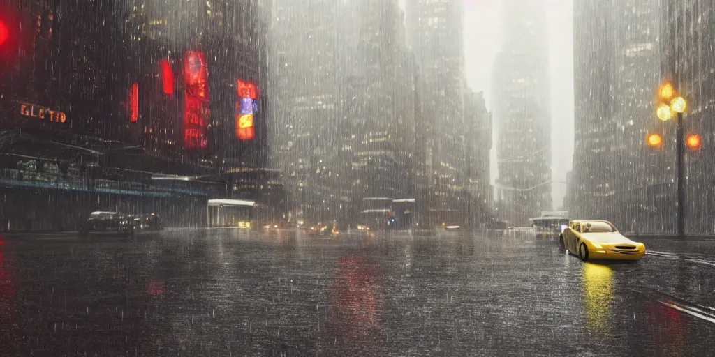 Image similar to a ultra photorealistic film still trough a raincovered window on a rainy but colourful day in new york. sparkling lights, wide shot, frog perspective, ultra sharp, wes anderson, studio ghibli, pixar and disney animation, octane render, anime key art by greg rutkowski, dramatic lighting, award winning photography