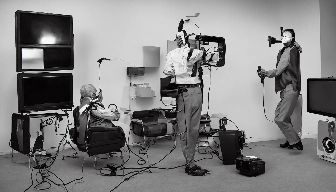 Image similar to In an call centre office, A skinny old Man with a old television strapped to his back ,flexible industrial pipes join his ears and mouth to the television, fibres trial on the floor ,Kodak portra 400