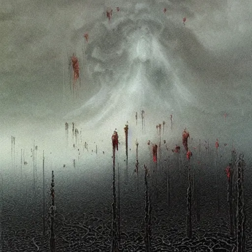 Prompt: dark storm clouds made out of hundreds of sad haunting faces. berserk. lovecraftian. magic the gathering. kentaro miura. katsuhiro otomo. painting by beksinski and ted nasmith.