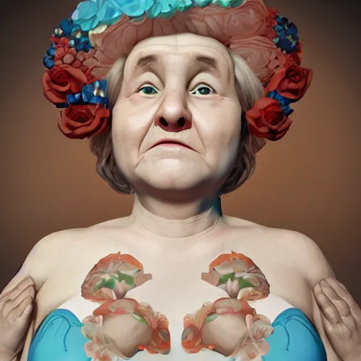Image similar to of a very funny scene. ambient occlusion render. a sweet fat old woman is in kissing her huge belly. flowery dress. mirror. symmetrical face, red mouth, blue eyes. deep focus, lovely scene. ambient occlusion render. concept art. unreal engine.