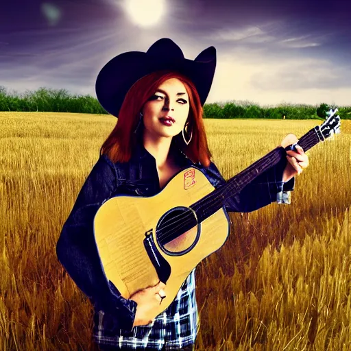 Image similar to a female fluffy anthropomorphic fox animal, head of fox, wearing cowboy hat, wearing plaid shirt, playing guitar, in a field, barn in background, album cover style