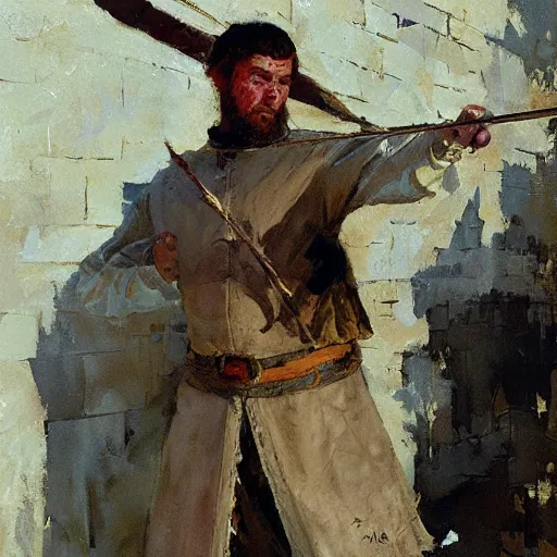 Image similar to portrait of man in medieval clothes aiming a bow by craig mullins, greg manchess, bernie fuchs, walter everett, lost edges