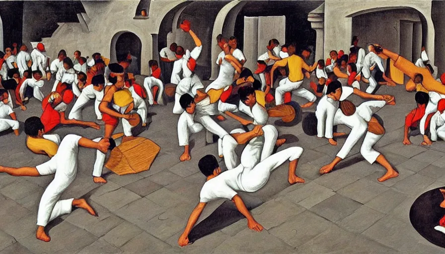 Image similar to capoeira, painting by escher