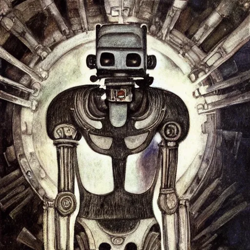 Image similar to the robot wearing the bone crown, by Annie Swynnerton and Diego Rivera, symbolist, dramatic lighting, elaborate geometric ornament, Art Brut ,god rays, soft cool colors,smooth, sharp focus, extremely detailed, Adolf Wölfli