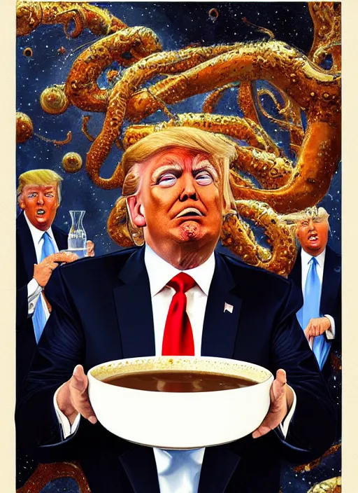Prompt: portrait of donald trump drinking white gravy out of a bowl, cosmic horror painting, elegant intricate digital painting artstation concept art by mark brooks and brad kunkle detailed