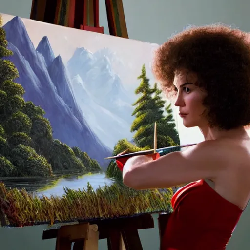 Prompt: a closeup photorealistic photograph of bob ross working on a canvas painting of wonder woman. film still. brightly lit scene. mountains and trees. this 4 k hd image is trending on artstation, featured on behance, well - rendered, extra crisp, features intricate detail, epic composition and the style of unreal engine.