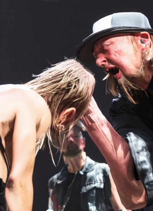 Prompt: thom yorke punching kid rock so hard his head flies off, photographic, ultra hd,