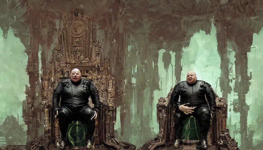 Image similar to shaun ryder as baron harkonnen wearing a leather spacesuit and sitting on a throne in the throne room on guidi prime, dark warriors stand in the background, beautiful green and pink marble pillars, by normal rockwell and john berkey, photoreal, science fiction character concept art, artstation