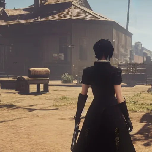 Image similar to Film still of 2B nier automata in a town from Red Dead Redemption 2 (2018 video game)