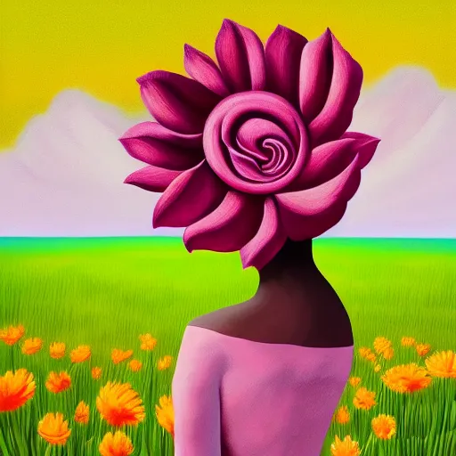 Image similar to huge flower as head, woman standing in a field, surreal, flat light, painting, digital painting, artstation, georgia o'keeffe