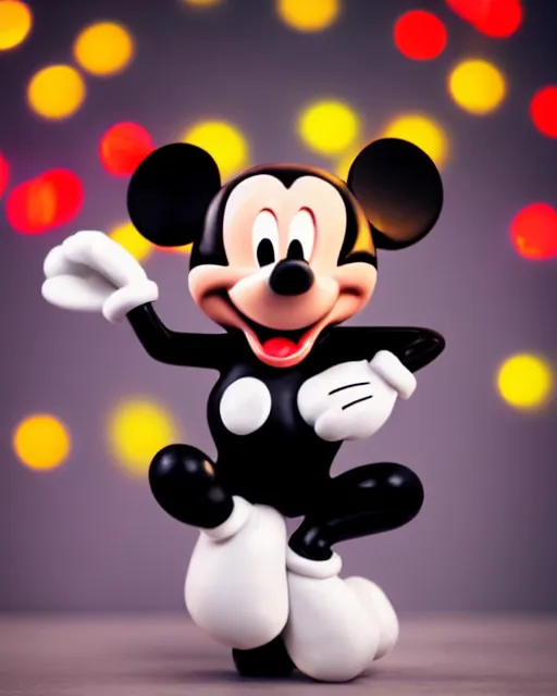 Prompt: A black-and-white studio portrait of a happy-looking Mickey Mouse in the style of a happy cartoon movie; bokeh, 90mm, f/1.4
