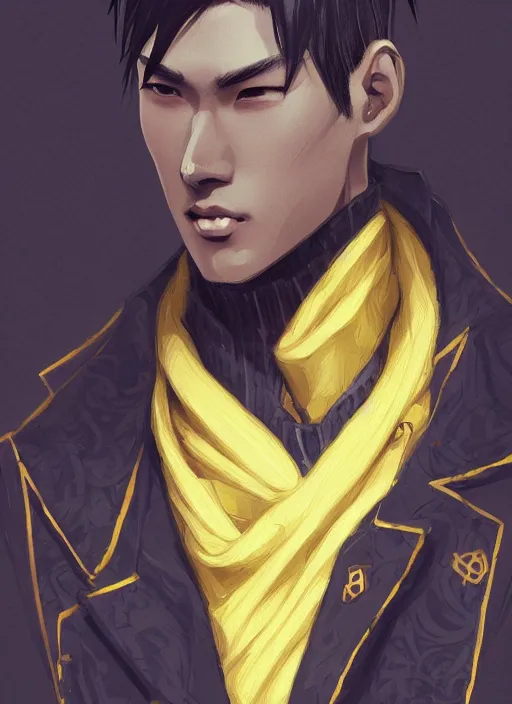 Image similar to a highly detailed illustration of young attractive japanese guy wearing black detective coat, yellow eyes, dramatic standing pose, hyperdetailed perfect face, intricate, elegant, highly detailed, centered, digital painting, artstation, concept art, smooth, sharp focus, league of legends concept art, wlop.