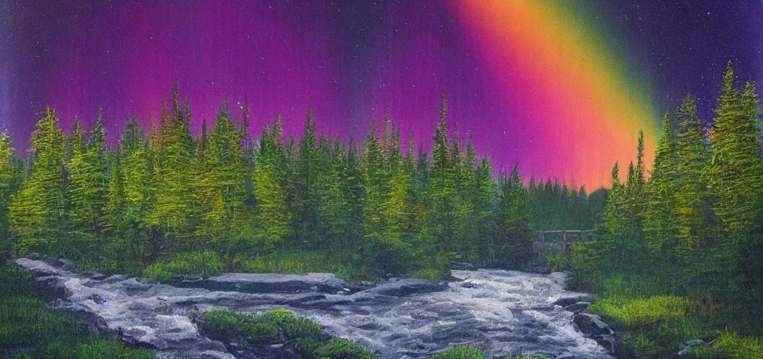 Prompt: a river running past a cozy cabin in a forest, mountains, at night, rainbow aurora, classic painting, award winning, highly detailed