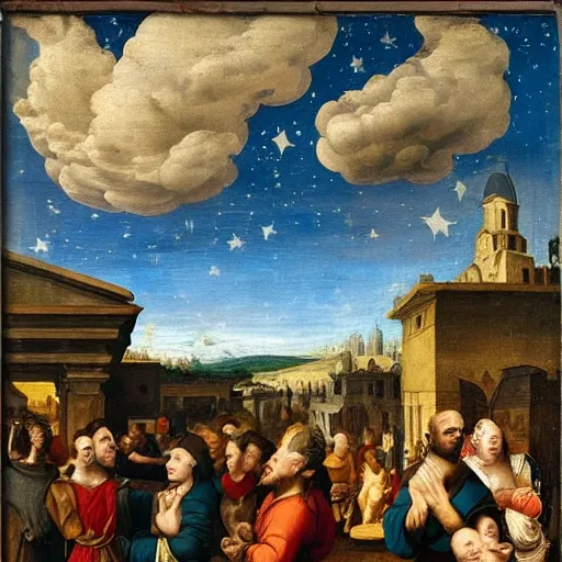 Image similar to a city market and the blue sky with clouds and stars and clouds for a man, and a woman wearing a pomade, in the style of a renaissance painting