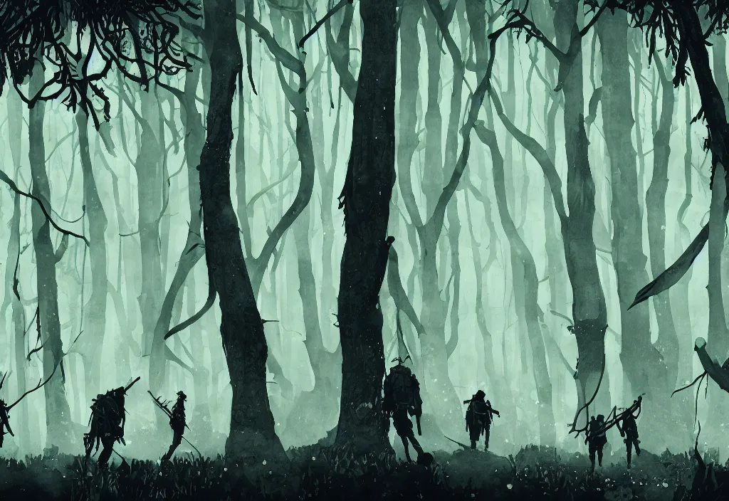 Prompt: handmade illustration of a big forest, line art, ink, some silhouetted medieval men among the trees, watercolor by Kilian Eng and by Jake Parker, winning-award masterpiece, fantastic, octane render, 8K HD Resolution, High quality image