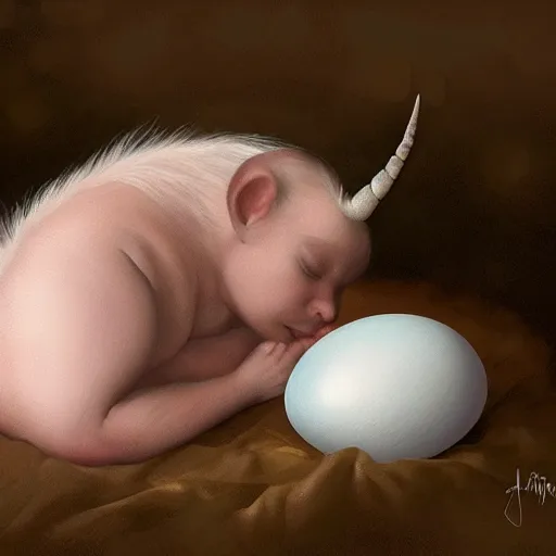 Image similar to a baby unicorn sleeping in an cracked egg, ultrarealistic, dramatic lighting, high details, 4 k, 8 k, best, accurate, trending on artstation, artstation, photorealism, ultrarealistic, digital painting, style of anne geddes