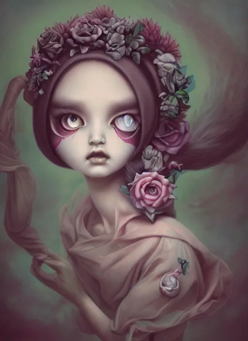 Image similar to pop surrealism, lowbrow art, realistic cute girl painting, japanese street fashion, hyper realism, muted colours, rococo, natalie shau, loreta lux, tom bagshaw, mark ryden, trevor brown style,