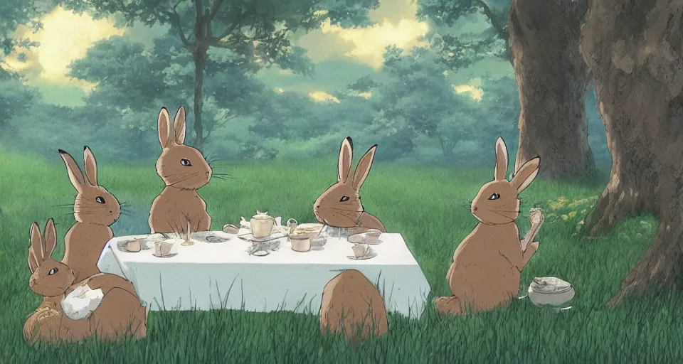 Image similar to 3 bunnies having a tea party, by studio ghibli, makoto shinkai, beautiful nature illustration