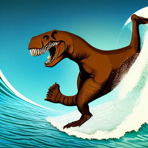 Image similar to a t-rex with shades surfing a wave, digital art, matte painting, geometric shapes, trending in artstation