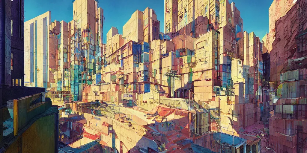 Image similar to neo brutralism, concrete housing, a long stairway going up, concept art, colorful, vivid colors, sunshine, light, shadows, reflections, oilpainting, cinematic, 3D, in the style of Akihiko Yoshida and Edward Hopper