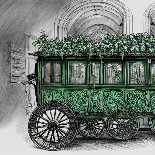 Image similar to annotated highly, detailed and intricate, sketch of a carriage cabin full of green plants, marker concept art style rendering, concept art, half blueprint, trending on artstation, intricate details, center frame, annotations