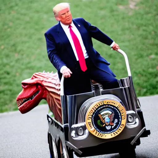 Prompt: Real professional photograph of Donald Trump riding a T-Rex