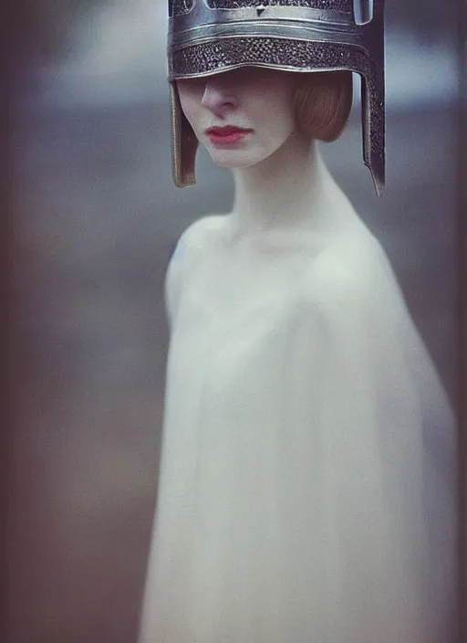 Prompt: medieval helm!!!!!!!, out of focus photorealistic portrait of a beautiful pale woman by saul leiter, very blurry, translucent white skin, closed eyes, foggy, pale lips