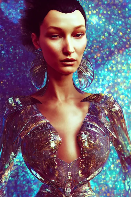 Image similar to a highly detailed painting of a beautiful alien goddess bella hadid in iris van herpen dress schiaparelli in diamonds in style of alphonse mucha trending on artstation made in unreal engine 4