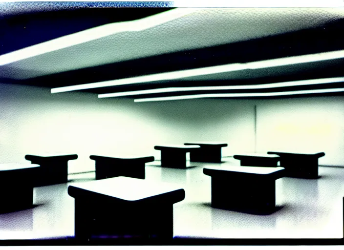 Prompt: polaroid photograph of a large white empty breakroom, retrofuturist liminal space, hundreds of chairs and tables, crt tv mounted, massive black pits in ceiling trypophobia architecture, familiar place, clean, black mold, warm light, amateur, soft vintage glow, unreal engine, photorealistic, trending on artstation