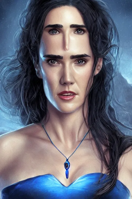 Prompt: s 100 Pretty Jennifer Connelly with a mystique pendant over her cleavage , fantasy illustration, highly detailed, digital art, artstation, smooth, sharp, focus, illustration, art by Peter Tang and artgem