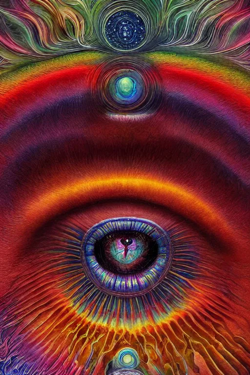 Image similar to hyperrealistic abstract close-up Renaissance psychedelic!! celestial happy! pure creature!! peaceful! kind spirit of nature! beautiful fractal!! eyes! highly detailed concept art eric zener elson peter cinematic hard rainbow lighting high angle hd 8k sharp shallow depth of field endless, inspired by Zdzisław Beksiński Salvador Dali