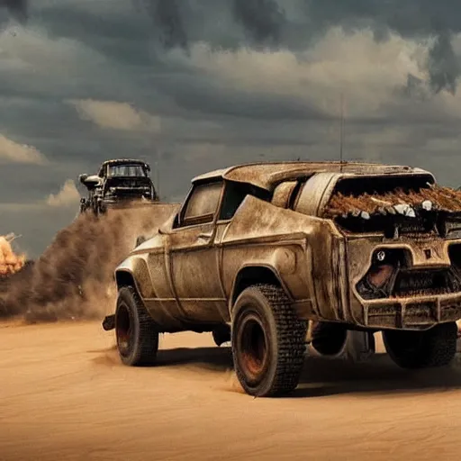 Prompt: rhinoceros truck in the style of mad max, cinematic composition, intricate photorealism, high detail, many exotic high end features