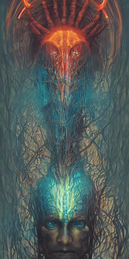 Image similar to intense snarling glowing pagan god with ram horns and veins and intense glowing eyes in very dark forest by karol bak and beksinski and alphonse mucha, portrait, fantasy, clear, light beams, lens flare, intense, uhd, red and teal and yellow, amazing depth, cinematic lighting