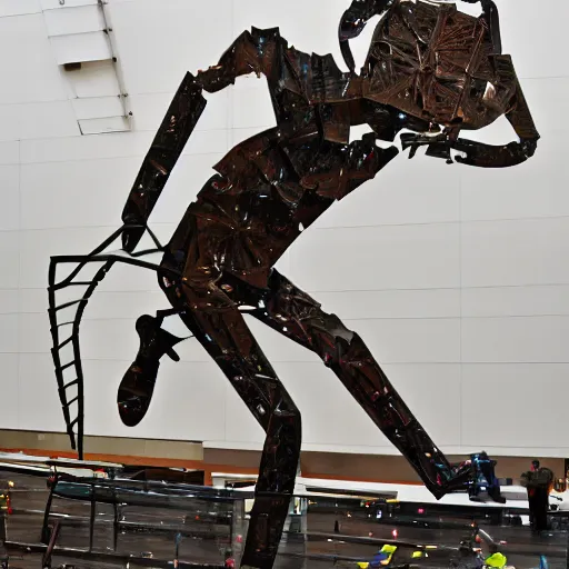 Prompt: a contemporary art sculpture of several tall man running with long arm and a big head, in the style of jean tinguely, medium shot, busy, made of intricate metal and wood, thick paint, intricate, dirty, leds, indoor, studio lighting, hyper realistic, detailed, 8 k