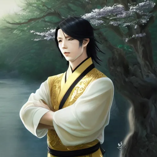 Image similar to a portrait of a young beautiful prince, golden eyes, long black hair, white hanfu, elegant, intricate, backlit, incredible lighting, strong rim light, subsurface scattering, photorealistic anime, epic beautiful landscape, cherry trees, highly detailed, digital painting, by Heise Jinyao, Heise-Lian Yan Fang, Feimo, Rossdraws, Sakimichan HDRI, vivid colors, high contrast, 8k