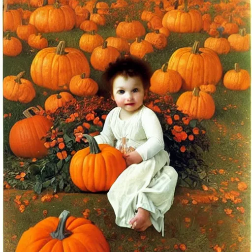 Prompt: a cute nine month old baby sitting amidst piles of pumpkins. beautiful cute highly detailed face. autumn and fall and halloween themed painting anne geddes and alphonse mucha.