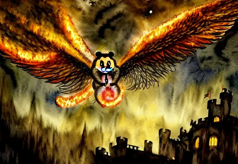 Image similar to legendary fire winged possum flying over a medieval forest castle at night under the dark starred sky, dark fantasy, watercolor, dreaming illusion, highly detailed, 4k, trending on Artstation