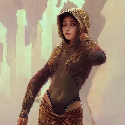 Image similar to character portrait of Mata Hari girl in a hoodie, relaxing mood, intricate, wild, highly detailed, digital painting, artstation, upper body, concept art, smooth, sharp focus, illustration, art by artgerm and greg rutkowski and alphonse mucha