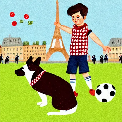 Image similar to illustration of french boy in paris playing football against a corgi, the dog is wearing a polka dot scarf