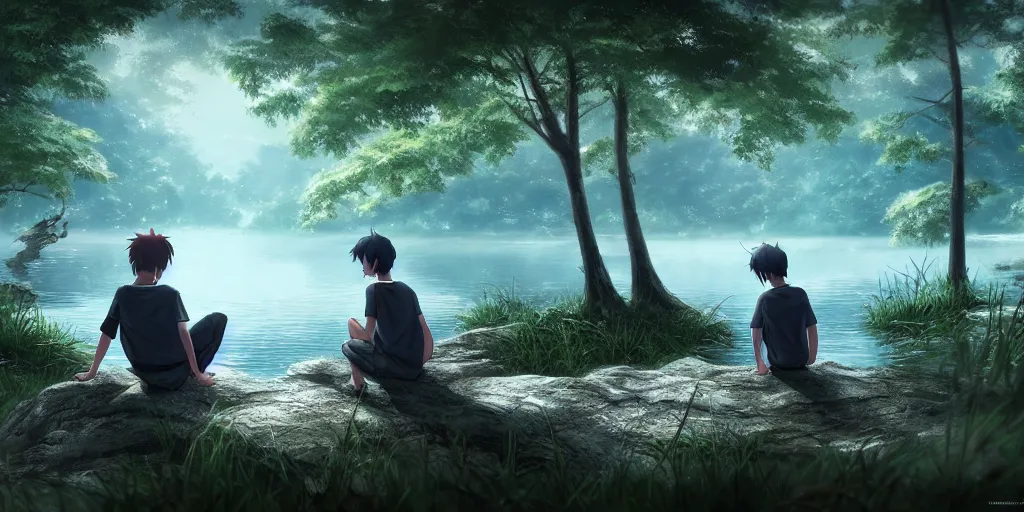 Image similar to a silver dragon and a boy sitting next to lake in forest, many fireflys, at night, concept art, dof, cryengine, digital art, detailed background, makoto shinkai