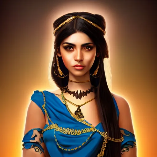 Image similar to a professionally painted portrait of an attractive young woman as a genie, arabian dress, olive skin, long dark hair, beautiful bone structure, symmetrical facial features, intricate, elegant, digital painting, trending on Artstation, concept art, smooth, sharp focus, illustration, award winning