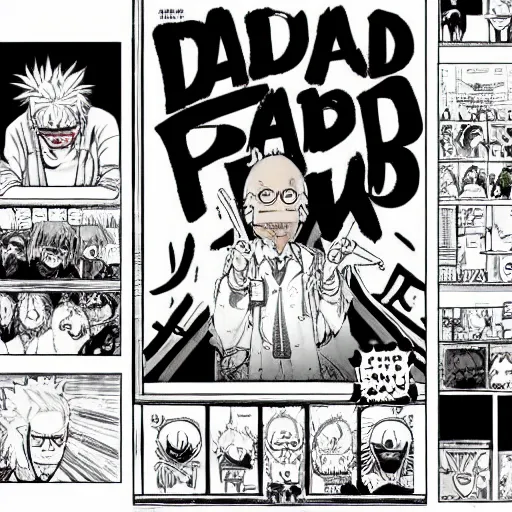 Image similar to “bad grandpa” graphic novel illustrated by Kishimoto published on Shonen Jump 2017 black and white pen and ink highly detailed